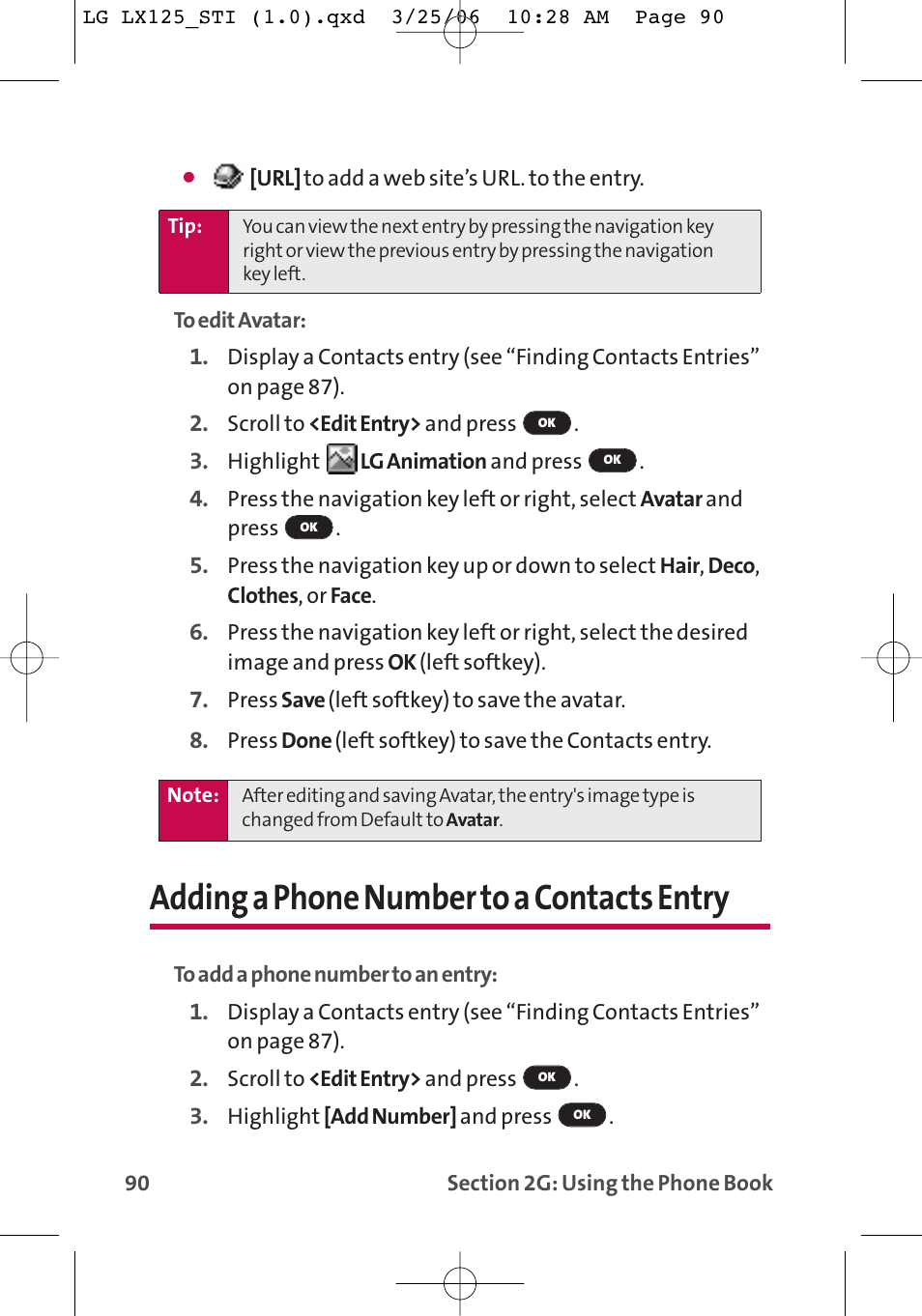 Adding a phone number to a contacts entry | LG LX125 User Manual | Page 98 / 185