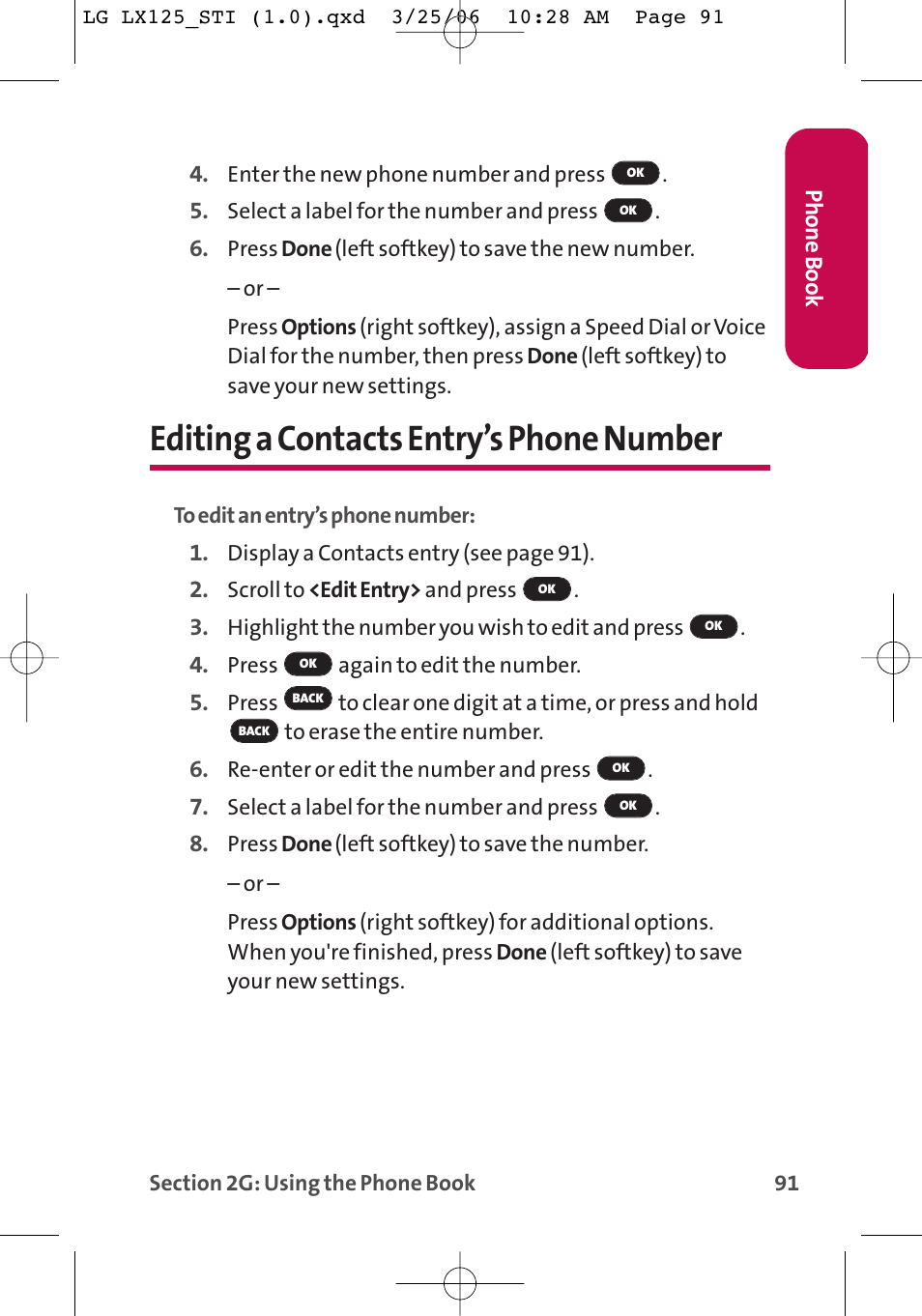 Editing a contacts entry’s phone number | LG LX125 User Manual | Page 99 / 185