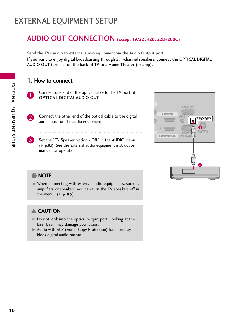 External equipment setup, Audio out connection, How to connect | Caution, External eq uipment setup | LG 26LH20 User Manual | Page 40 / 136