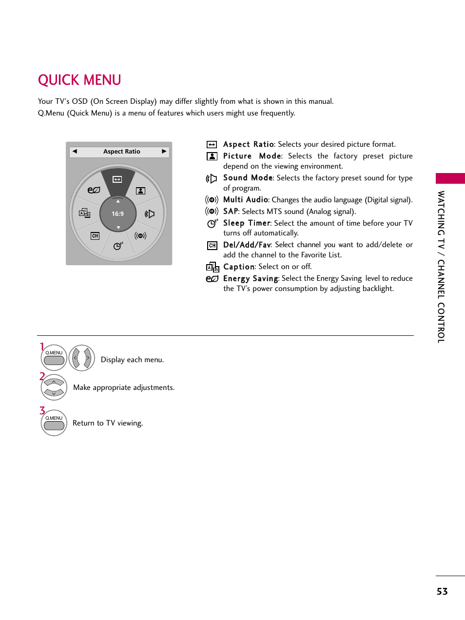 Quick menu | LG 26LH20 User Manual | Page 53 / 136