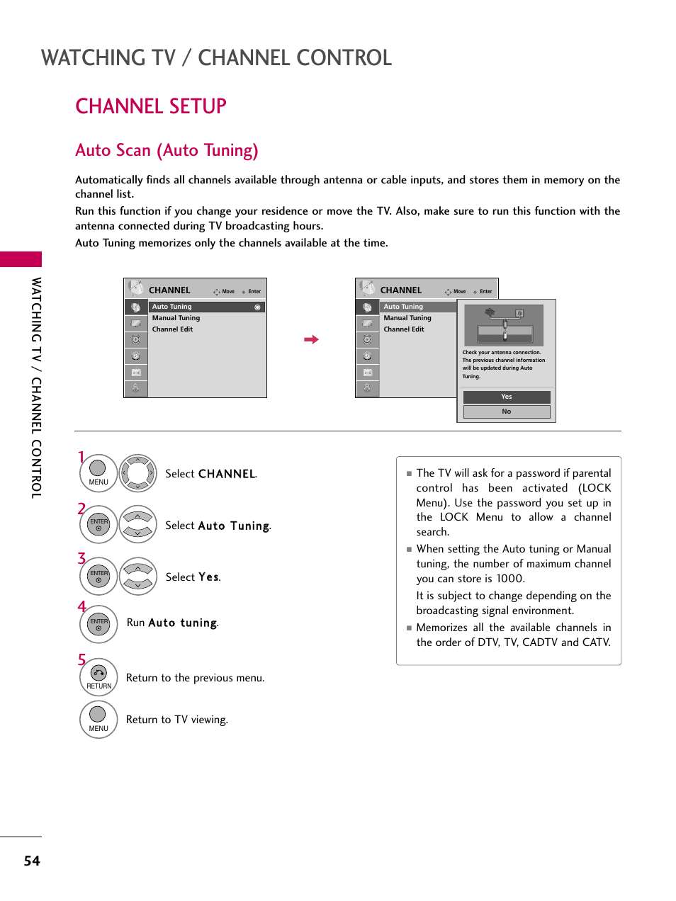 Watching tv / channel control, Channel setup, Auto scan (auto tuning) | Watching tv / channel contr ol | LG 26LH20 User Manual | Page 54 / 136