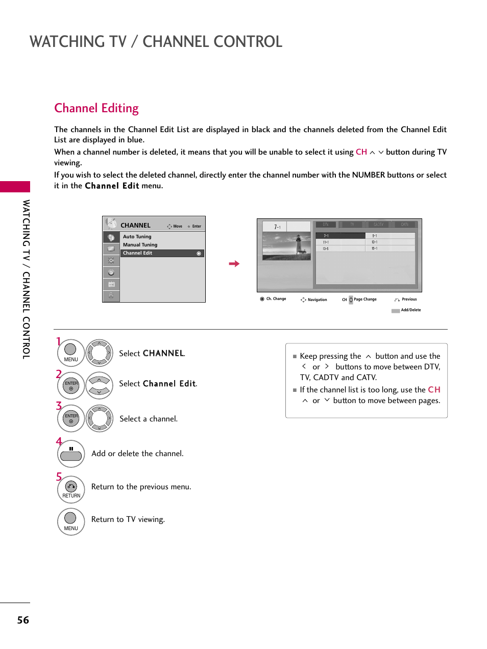 Watching tv / channel control, Channel editing, Watching tv / channel contr ol | LG 26LH20 User Manual | Page 56 / 136