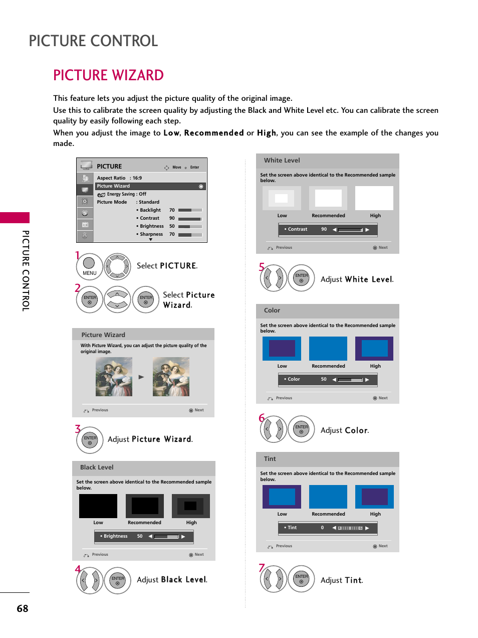 Picture control, Picture wizard, Picture contr ol | Adjust b bllaacckk lleevveell, Adjust c co ollo orr, Adjust t tiinntt | LG 26LH20 User Manual | Page 68 / 136
