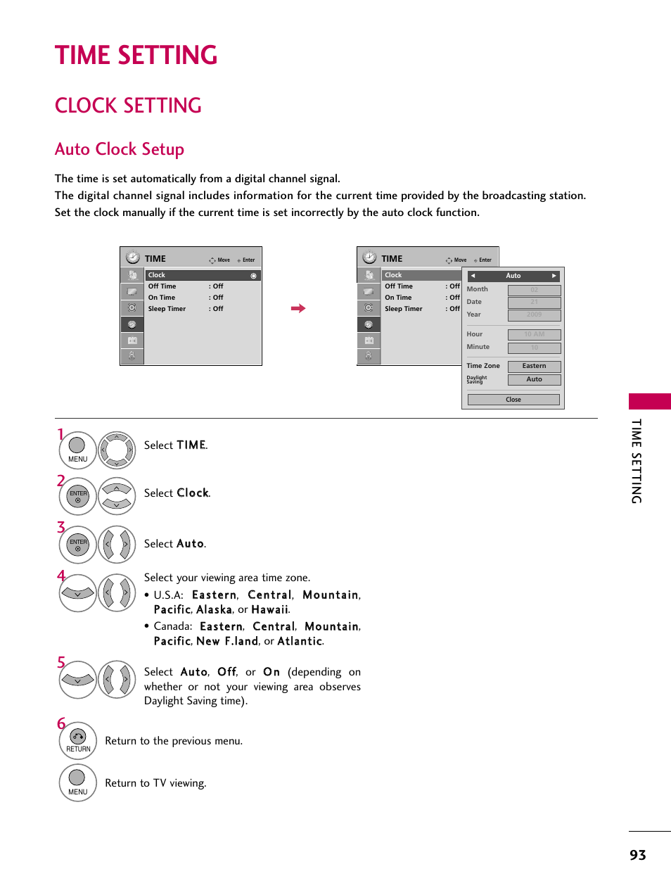 Clock setting, Auto clock setup, Time setting | LG 26LH20 User Manual | Page 93 / 136