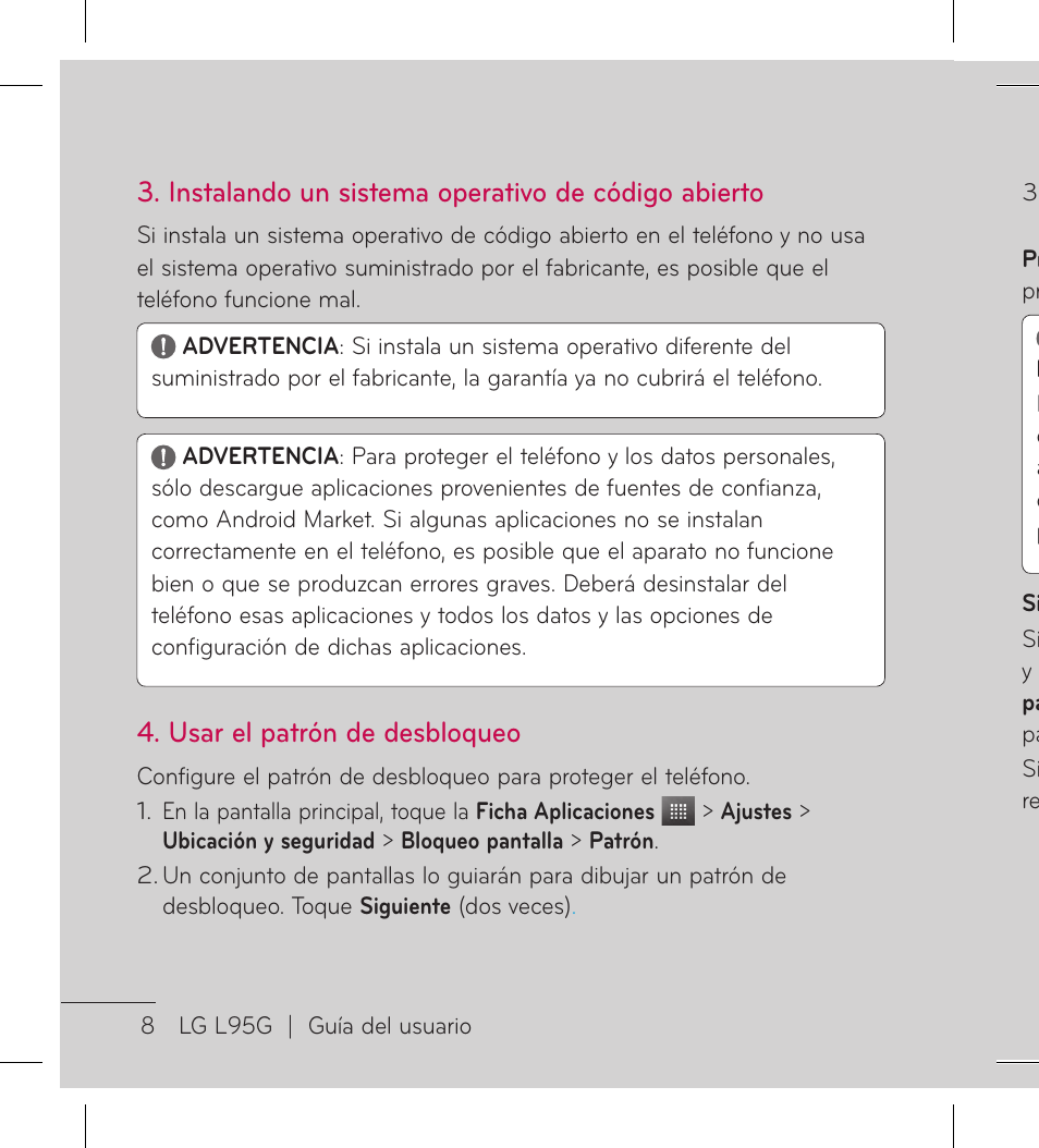 Instalando un sistema operativo de código abierto, Usar el patrón de desbloqueo | LG LGL95G User Manual | Page 102 / 202