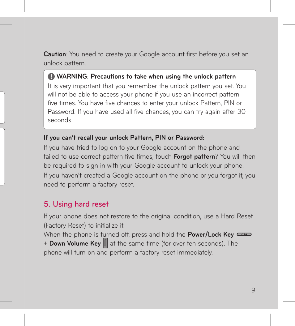 Using hard reset | LG LGL95G User Manual | Page 11 / 202