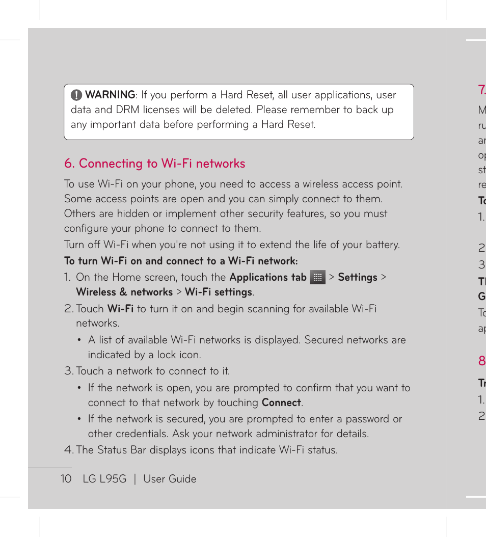 Connecting to wi-fi networks | LG LGL95G User Manual | Page 12 / 202