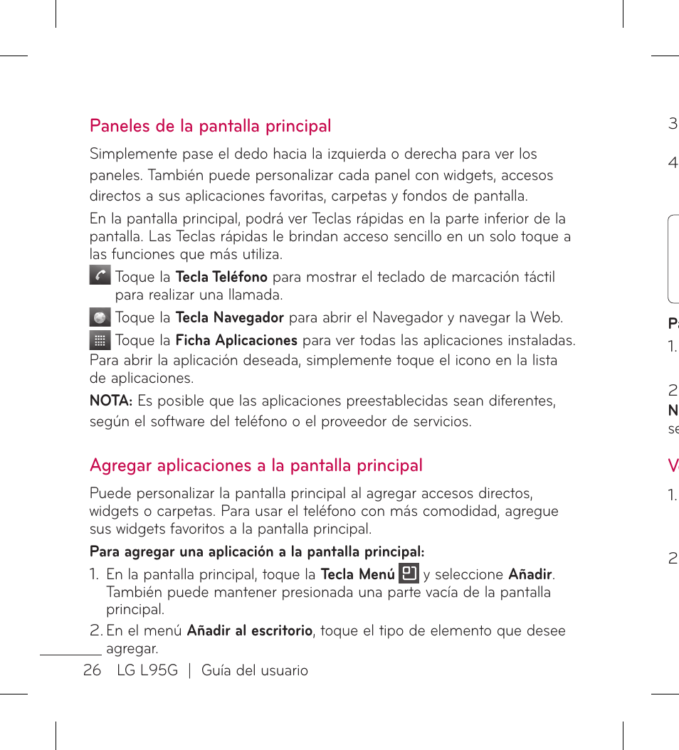 Paneles de la pantalla principal, Agregar aplicaciones a la pantalla principal | LG LGL95G User Manual | Page 120 / 202