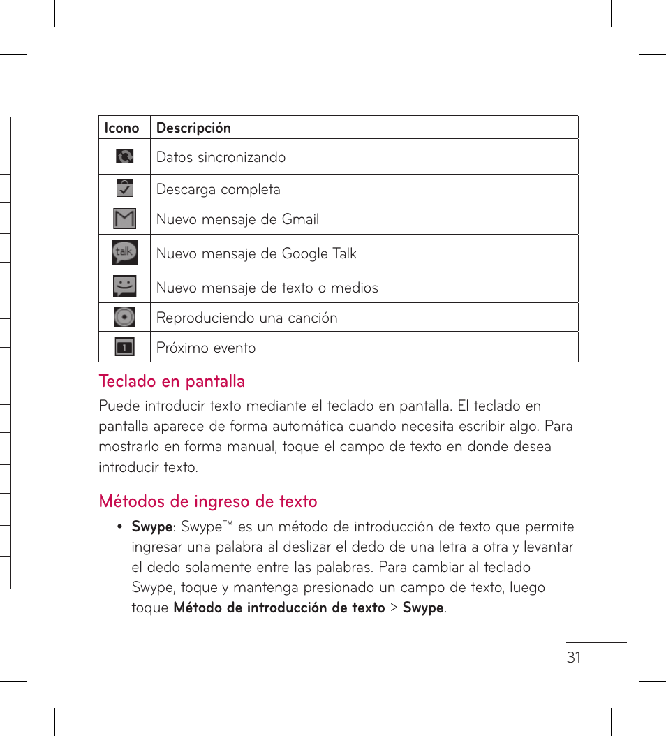 Teclado en pantalla, Métodos de ingreso de texto | LG LGL95G User Manual | Page 125 / 202