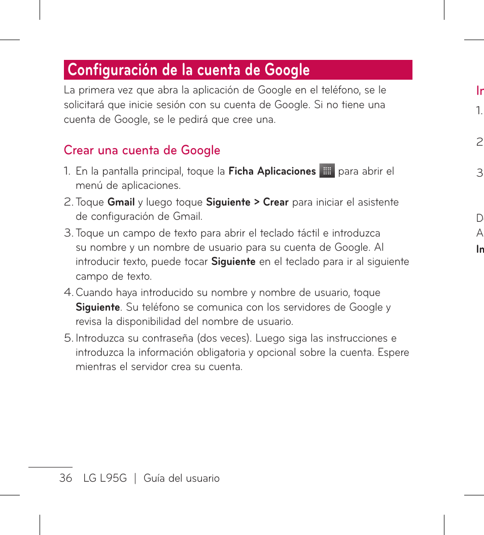 Conﬁ guración de la cuenta de google | LG LGL95G User Manual | Page 130 / 202