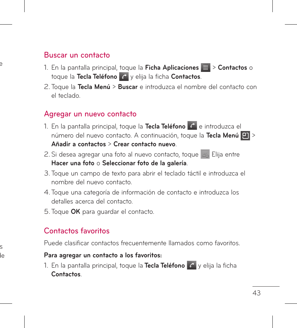 Buscar un contacto, Agregar un nuevo contacto, Contactos favoritos | LG LGL95G User Manual | Page 137 / 202