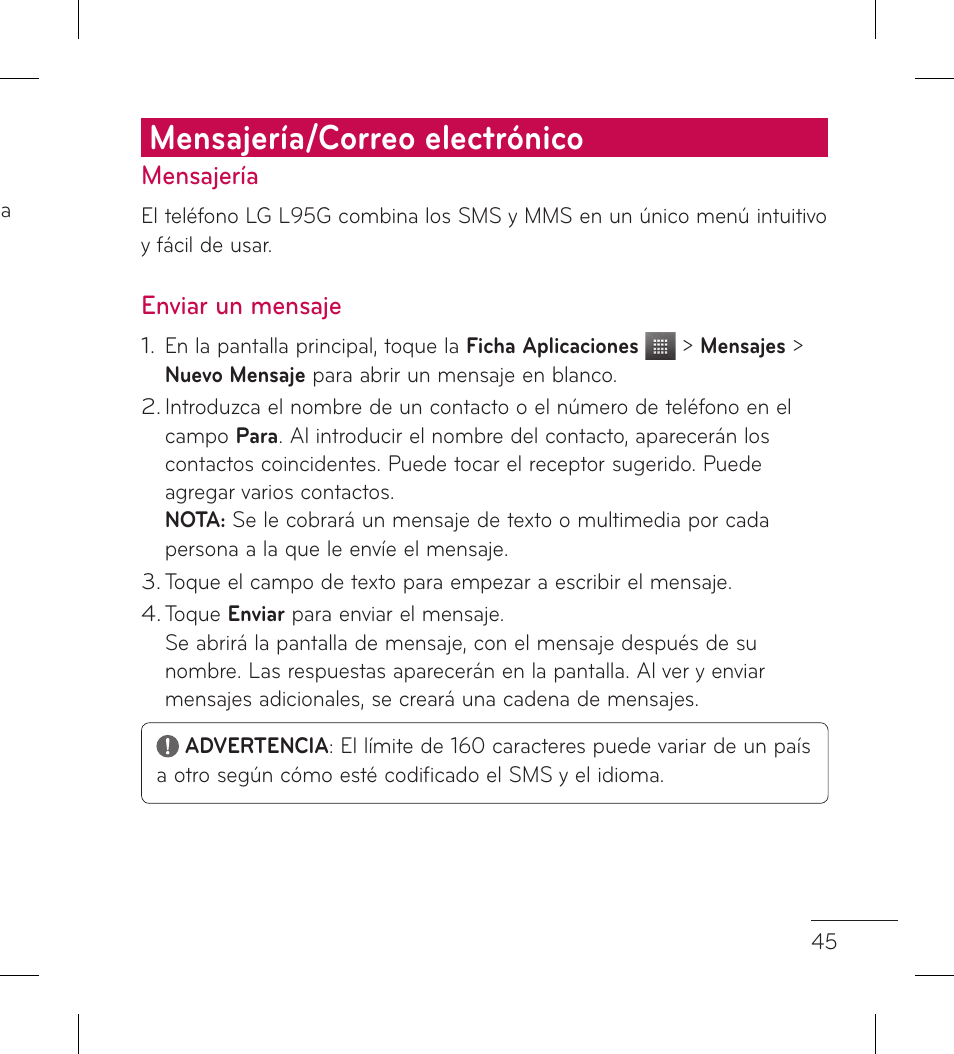 Mensajería/correo electrónico | LG LGL95G User Manual | Page 139 / 202