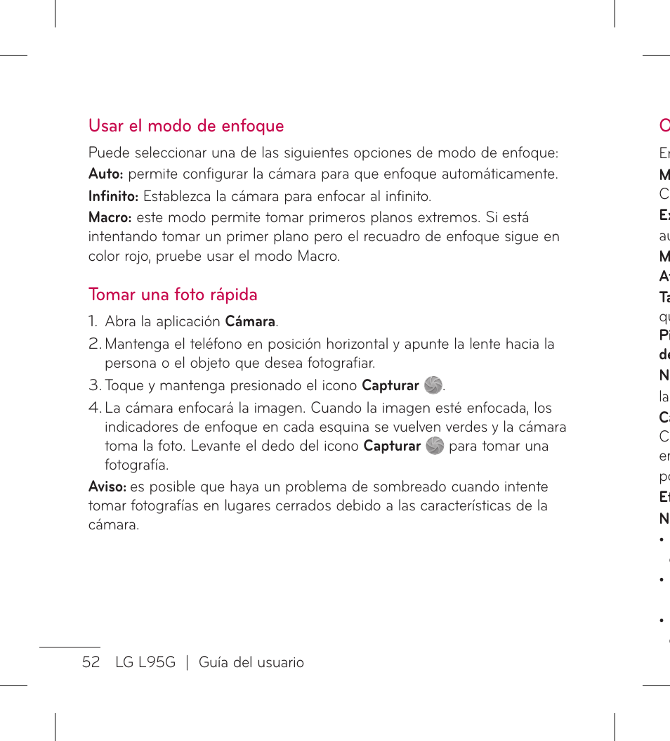 Usar el modo de enfoque, Tomar una foto rápida | LG LGL95G User Manual | Page 146 / 202
