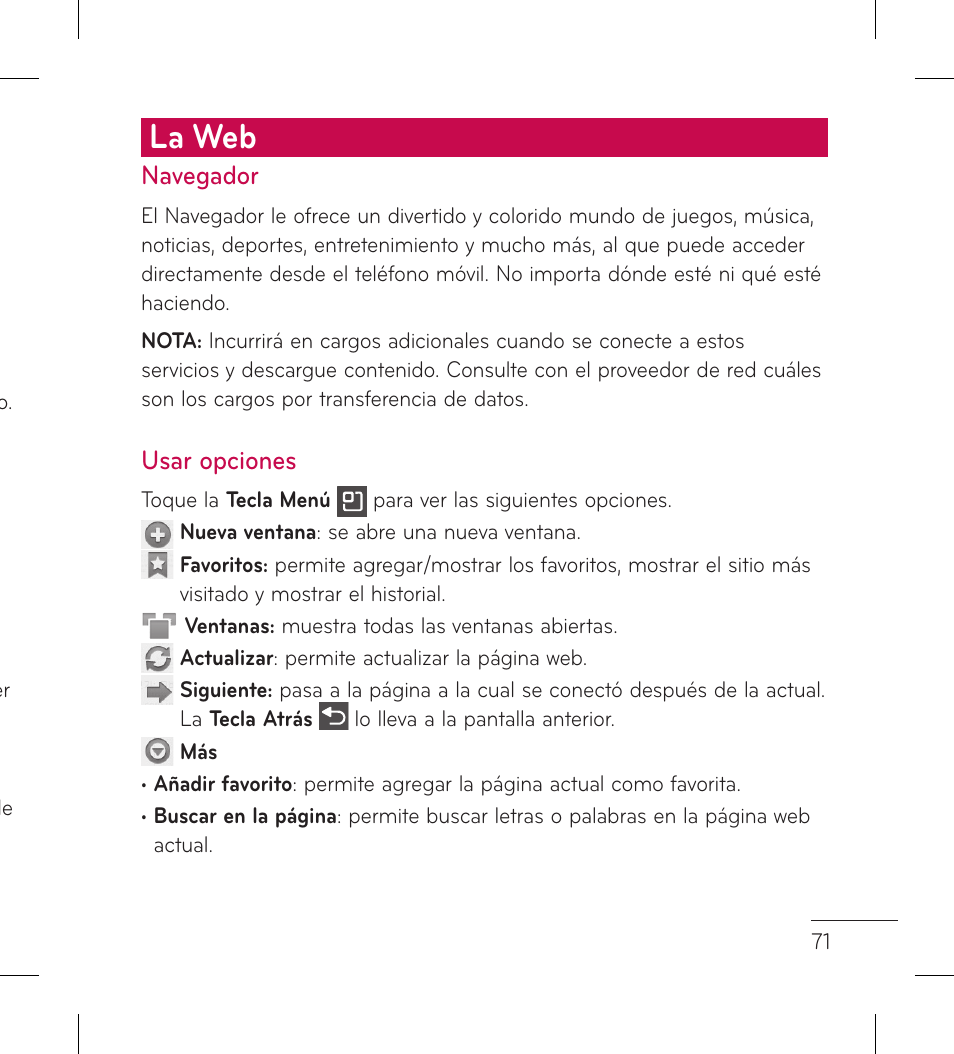 La web, Navegador, Usar opciones | LG LGL95G User Manual | Page 165 / 202