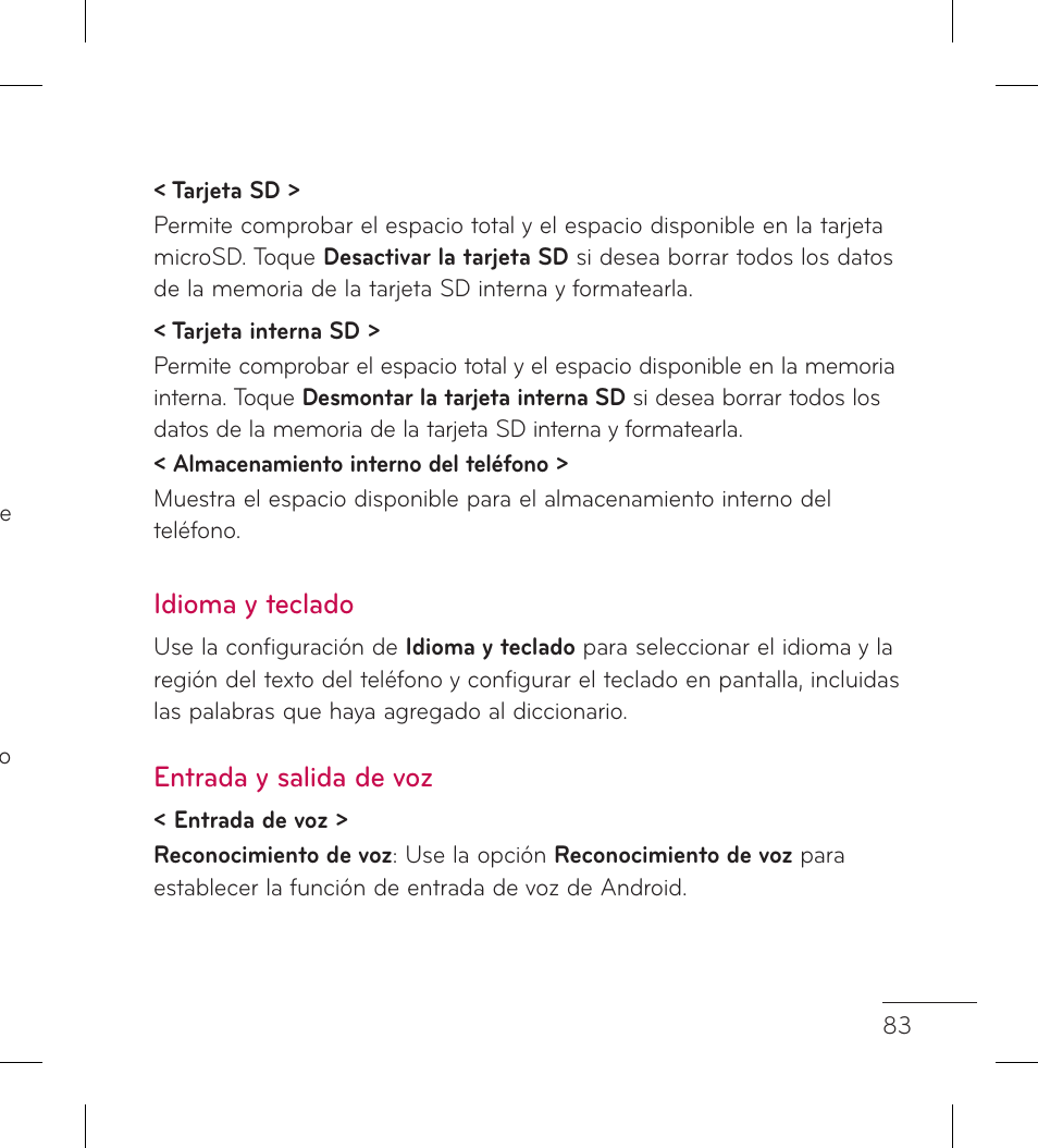 Idioma y teclado, Entrada y salida de voz | LG LGL95G User Manual | Page 177 / 202
