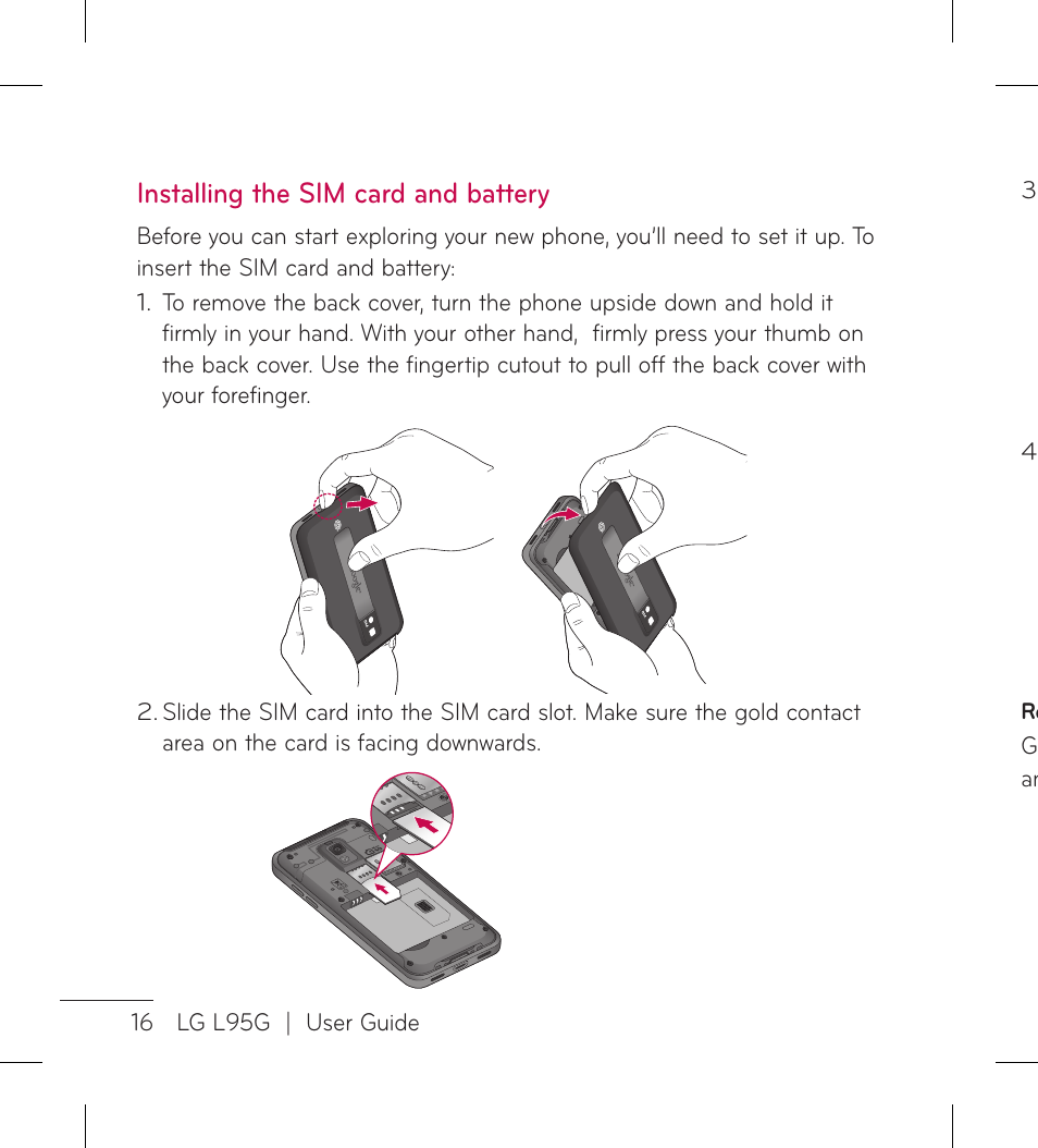 Installing the sim card and battery | LG LGL95G User Manual | Page 18 / 202