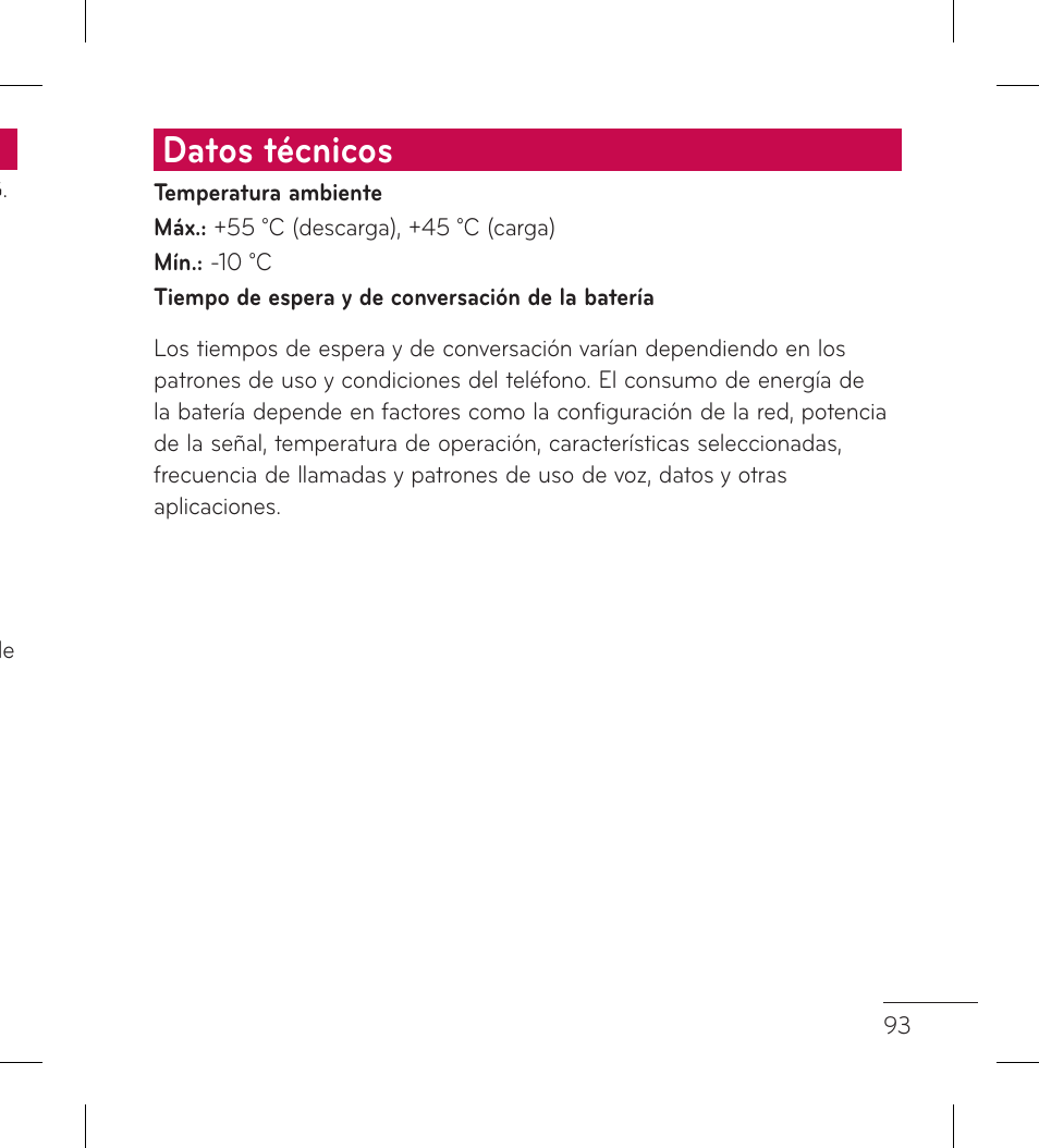 Datos técnicos | LG LGL95G User Manual | Page 187 / 202