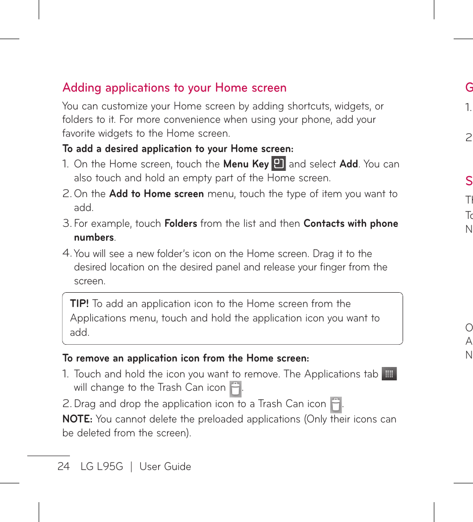 Adding applications to your home screen | LG LGL95G User Manual | Page 26 / 202
