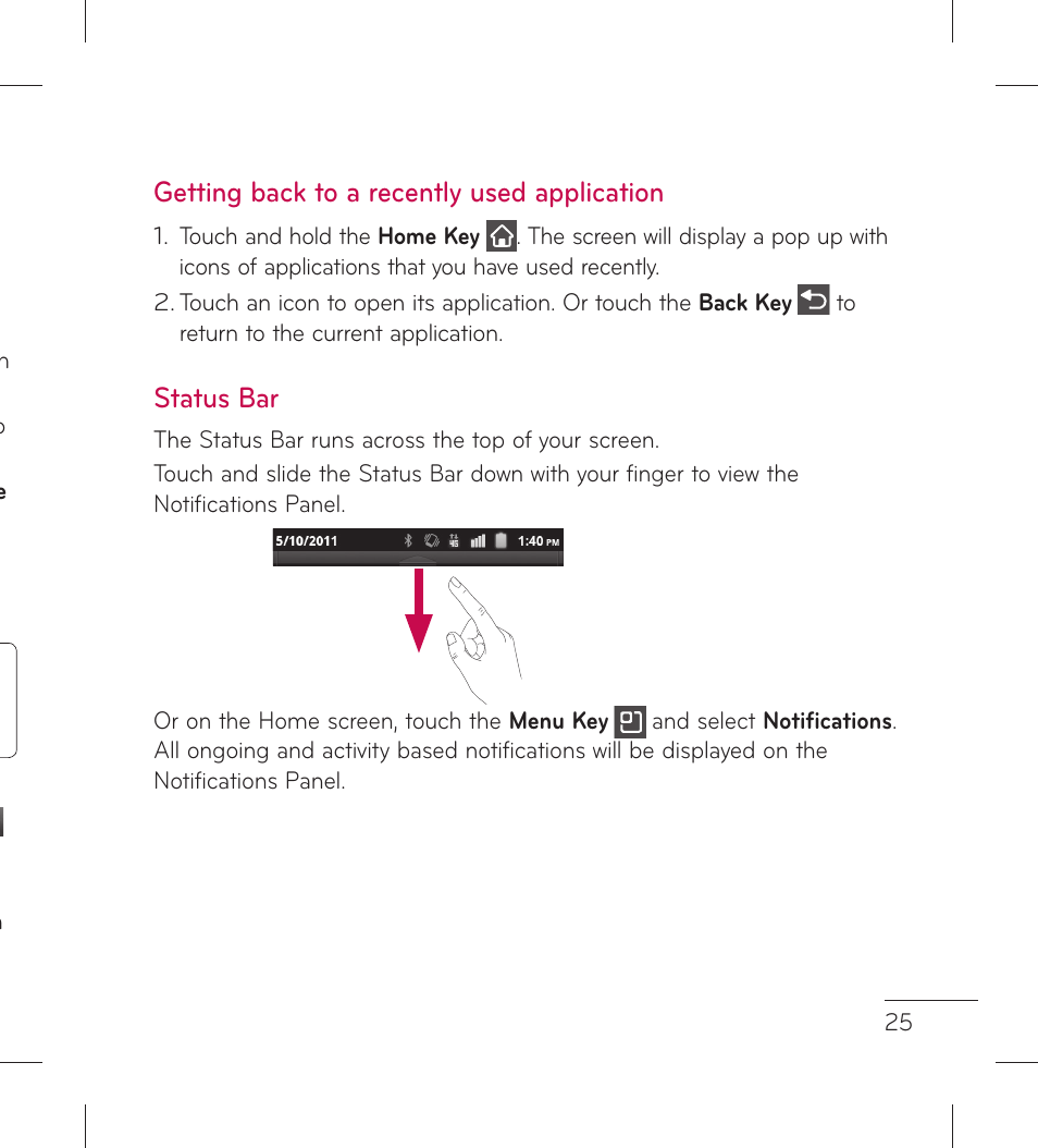 Getting back to a recently used application, Status bar | LG LGL95G User Manual | Page 27 / 202