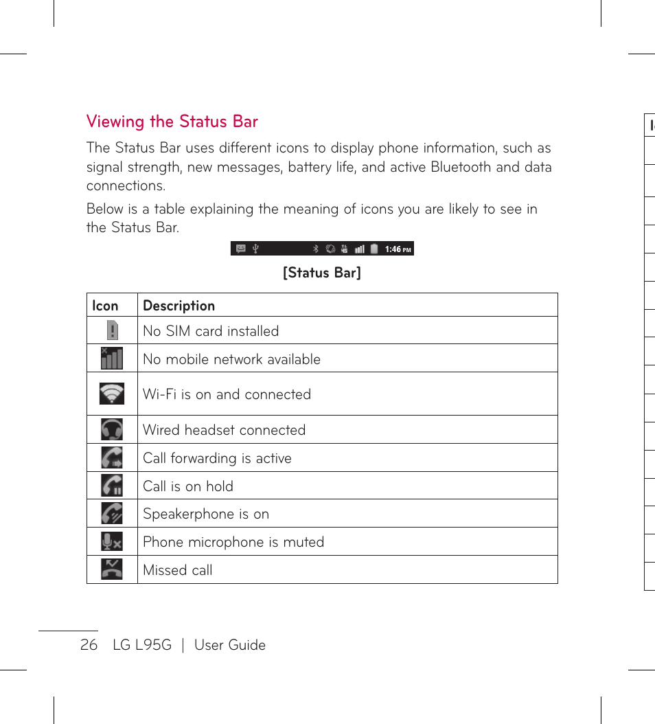 Viewing the status bar | LG LGL95G User Manual | Page 28 / 202