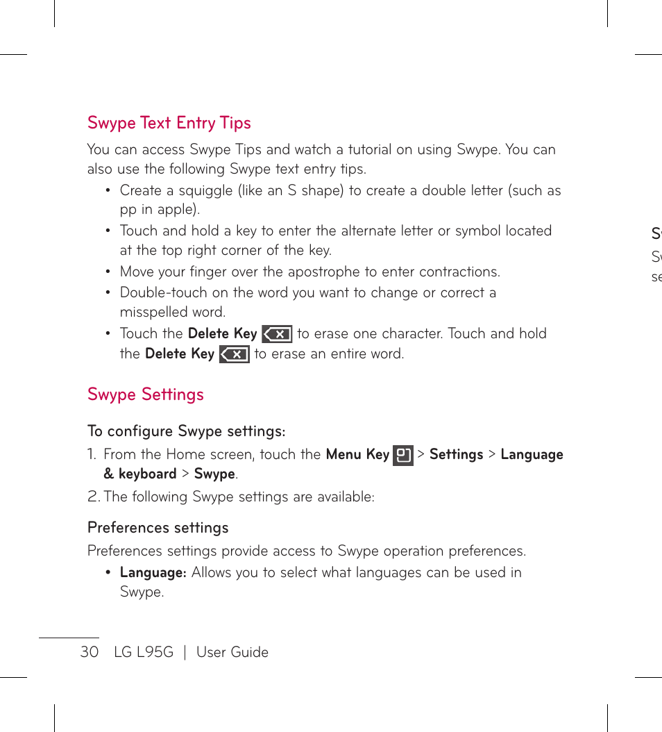 Swype text entry tips, Swype settings | LG LGL95G User Manual | Page 32 / 202