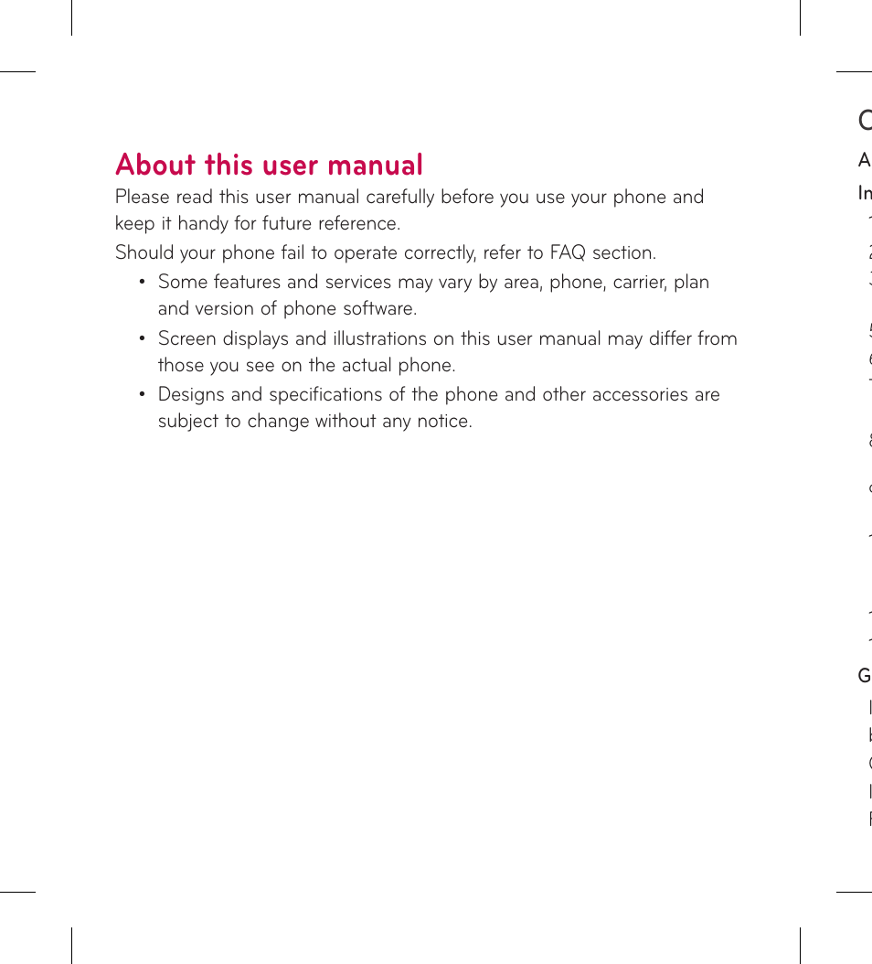 About this user manual | LG LGL95G User Manual | Page 4 / 202