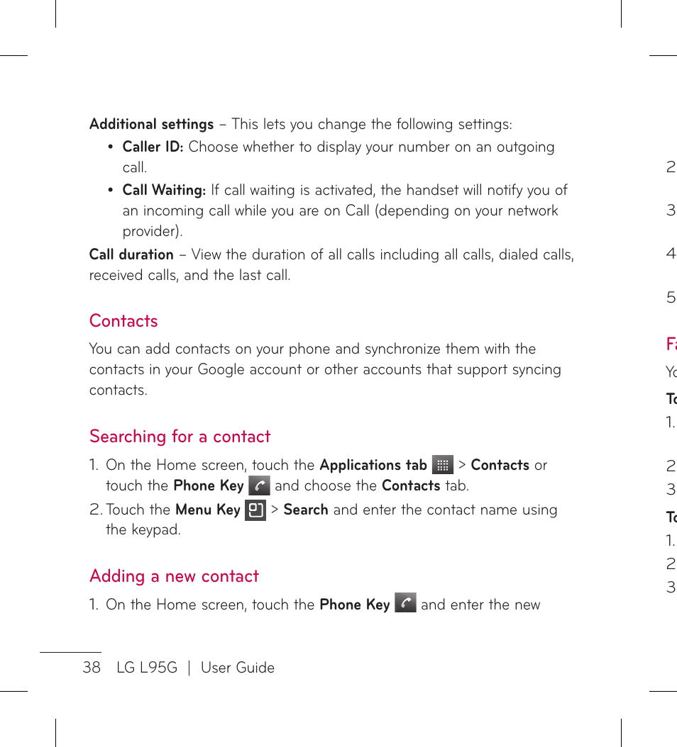 Contacts, Searching for a contact, Adding a new contact | LG LGL95G User Manual | Page 40 / 202