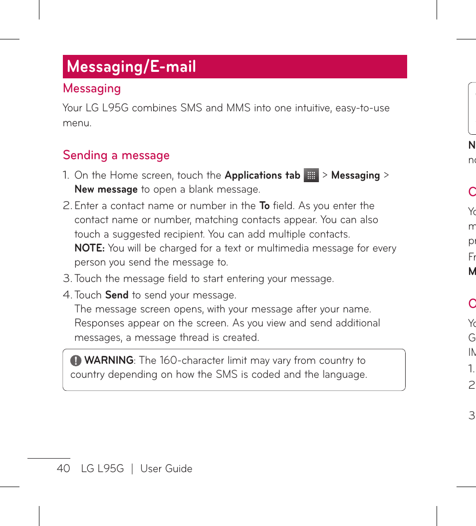 Messaging/e-mail | LG LGL95G User Manual | Page 42 / 202