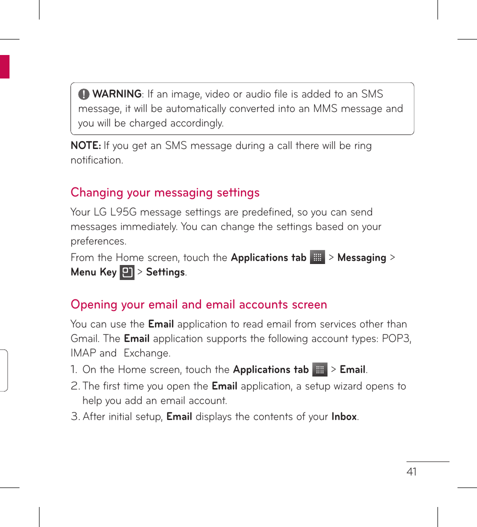 Changing your messaging settings, Opening your email and email accounts screen | LG LGL95G User Manual | Page 43 / 202