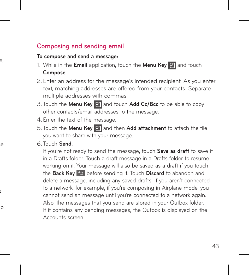 Composing and sending email | LG LGL95G User Manual | Page 45 / 202