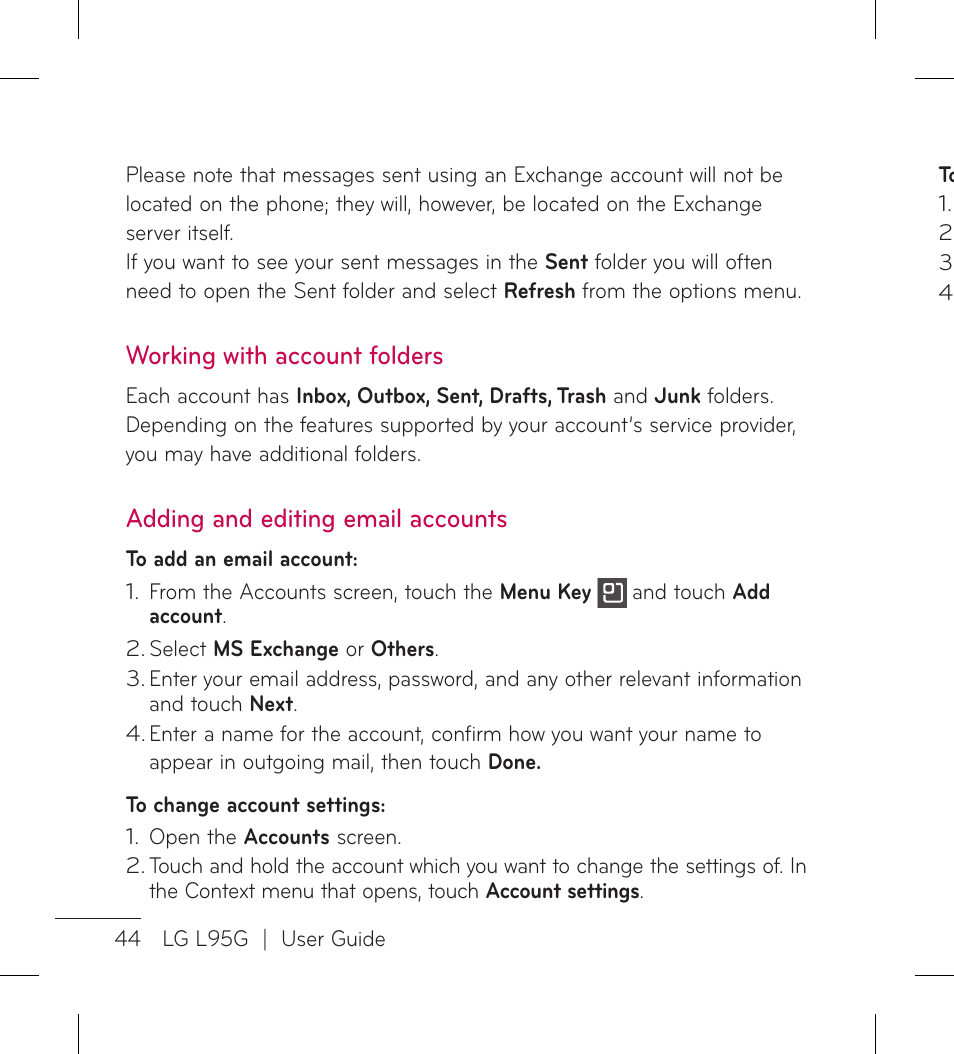 Working with account folders, Adding and editing email accounts | LG LGL95G User Manual | Page 46 / 202