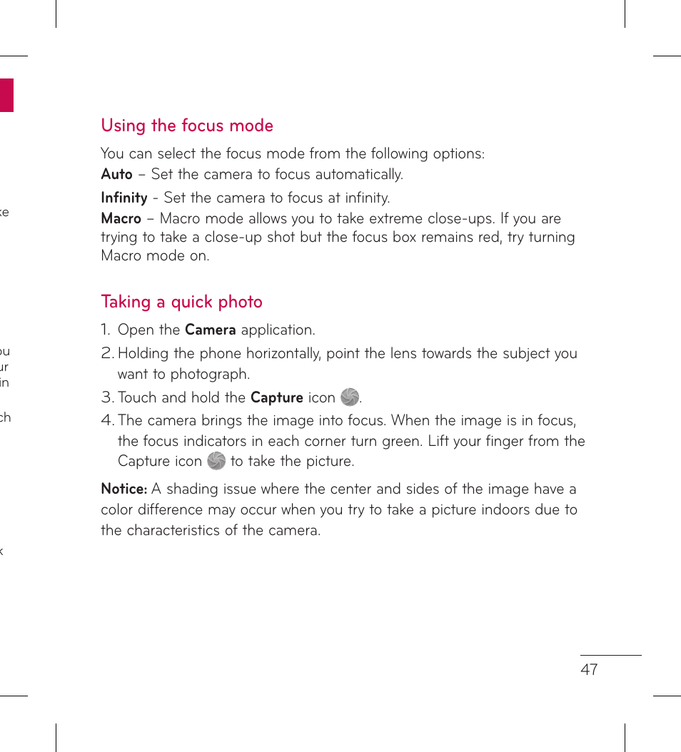 Using the focus mode, Taking a quick photo | LG LGL95G User Manual | Page 49 / 202