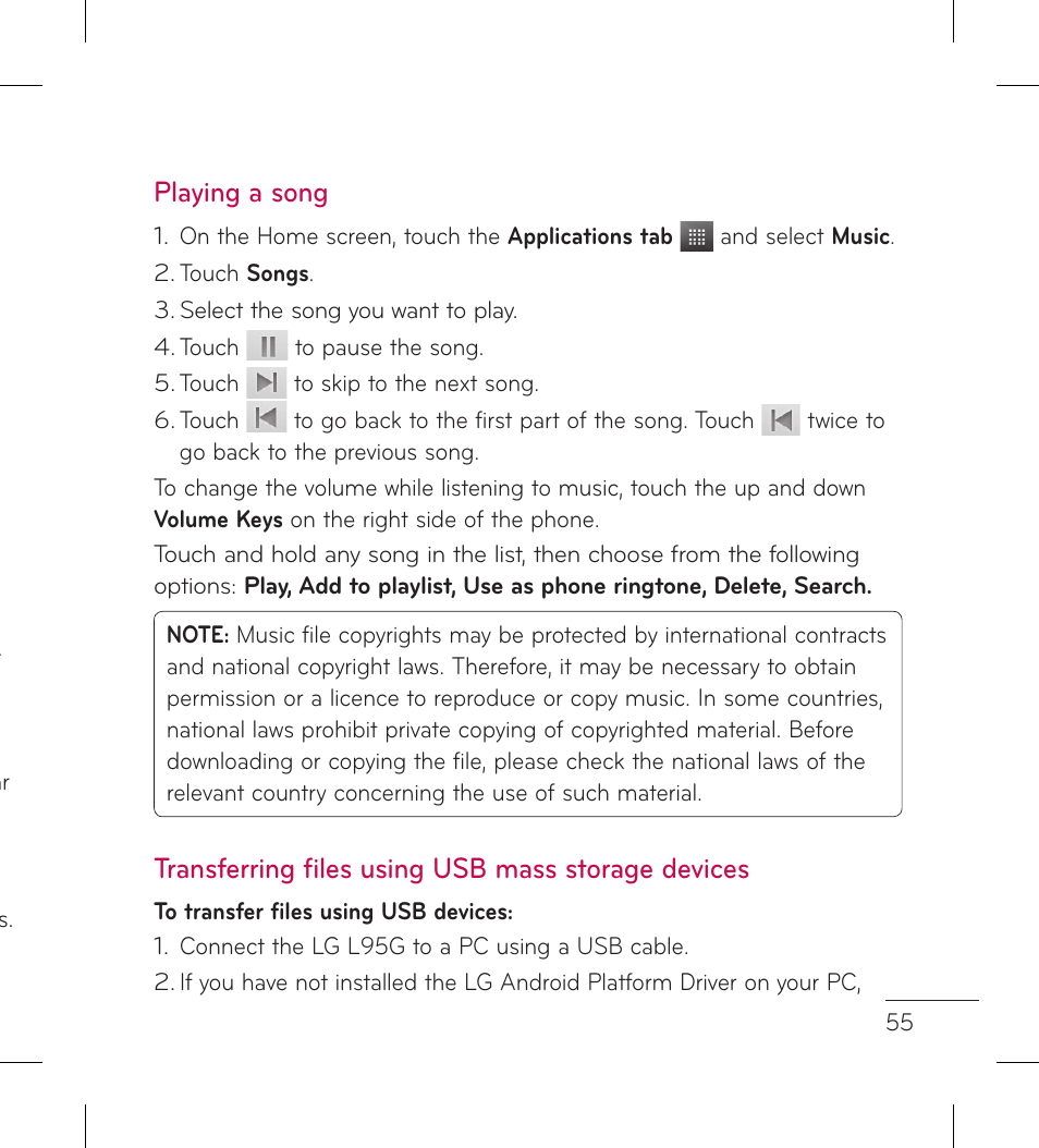 Playing a song, Transferring files using usb mass storage devices | LG LGL95G User Manual | Page 57 / 202