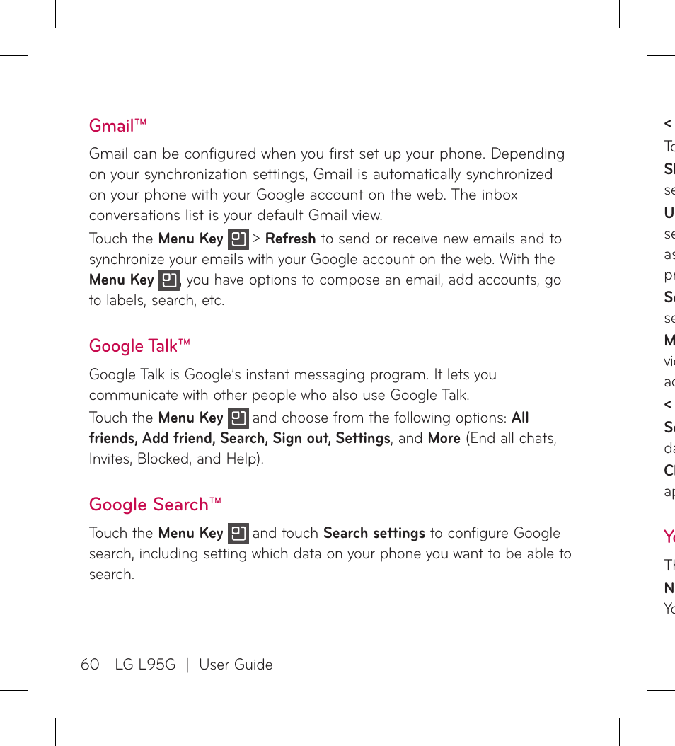 Gmail, Google talk, Google search | LG LGL95G User Manual | Page 62 / 202