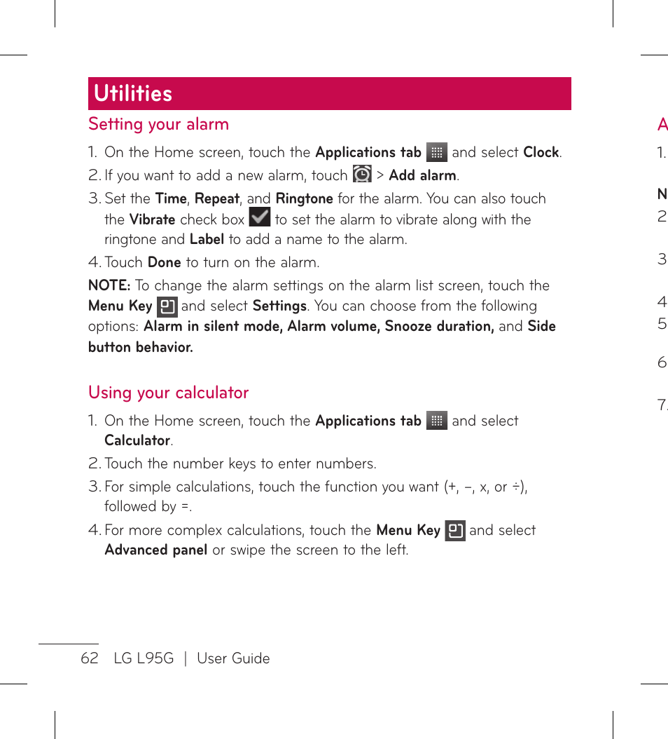 Utilities, Setting your alarm, Using your calculator | LG LGL95G User Manual | Page 64 / 202