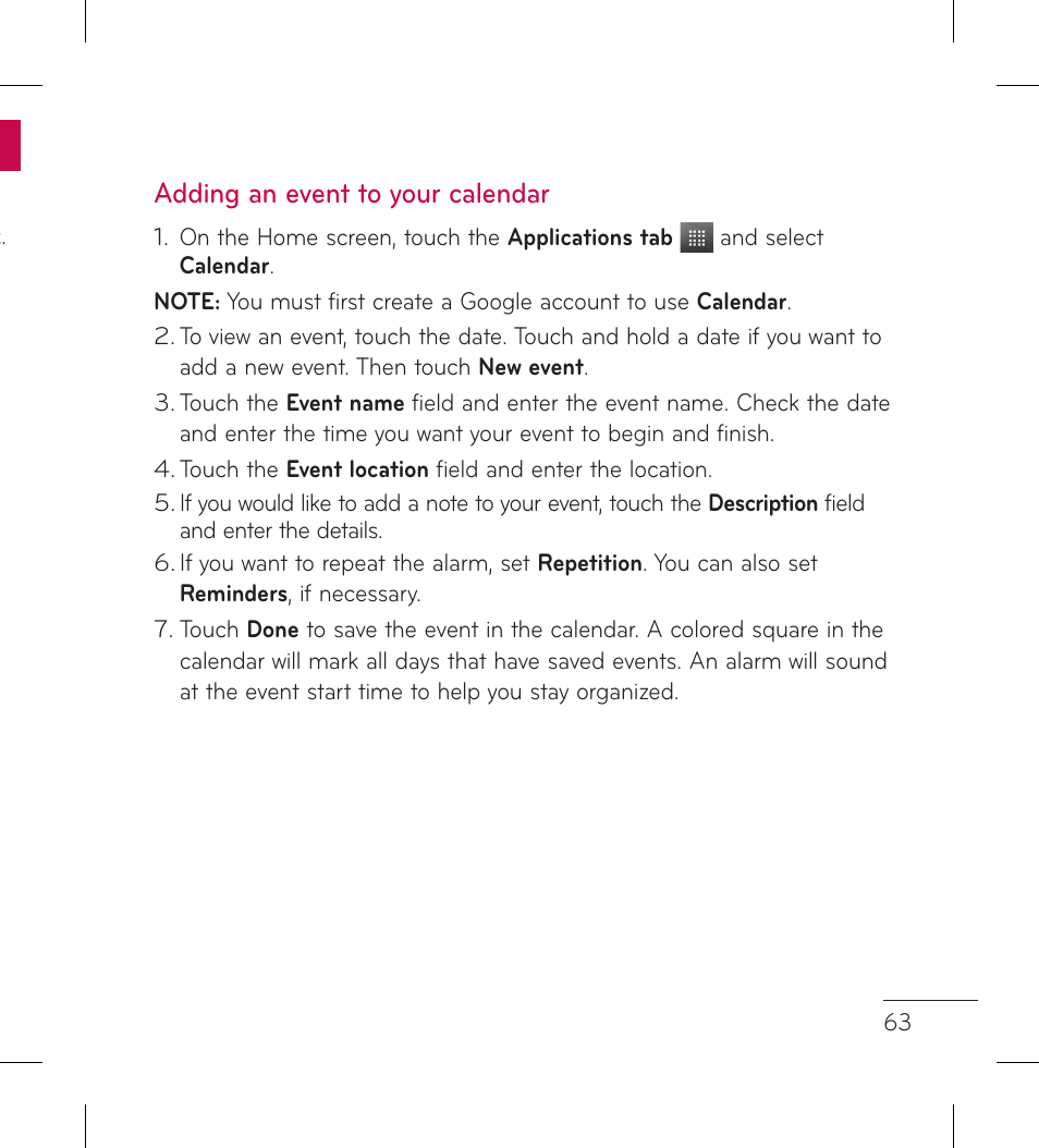 Adding an event to your calendar | LG LGL95G User Manual | Page 65 / 202