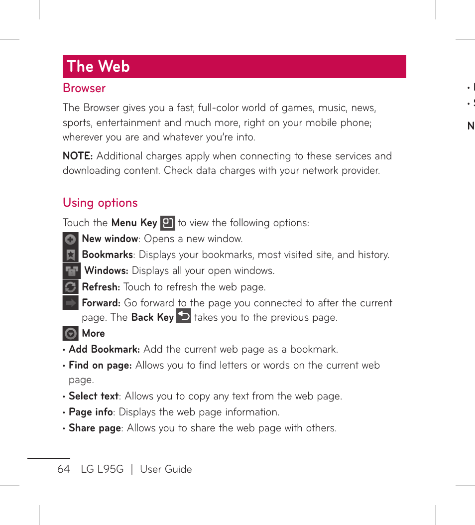 The web, Browser, Using options | LG LGL95G User Manual | Page 66 / 202