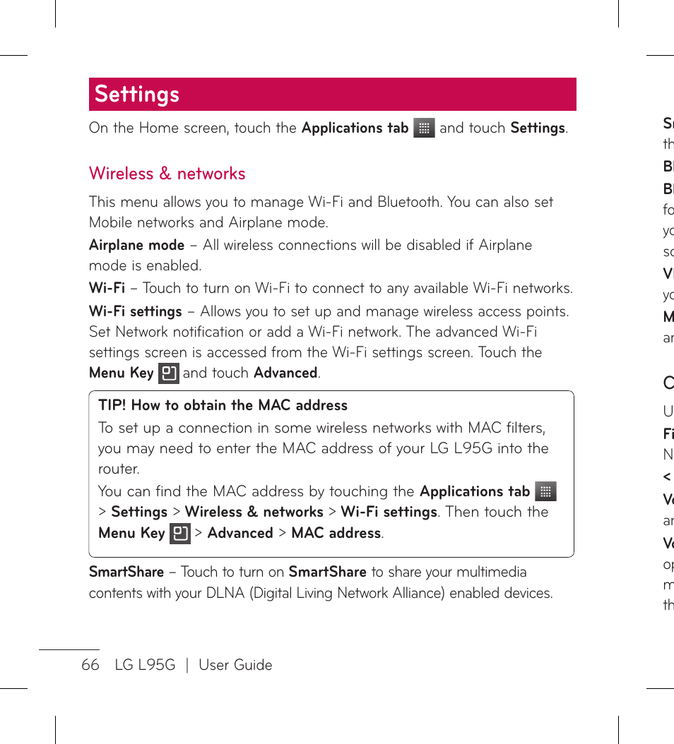 Settings, Wireless & networks | LG LGL95G User Manual | Page 68 / 202
