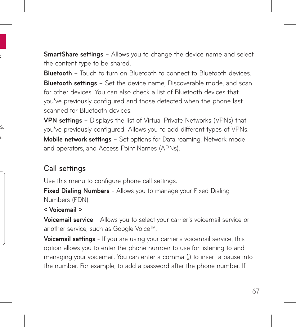Call settings | LG LGL95G User Manual | Page 69 / 202