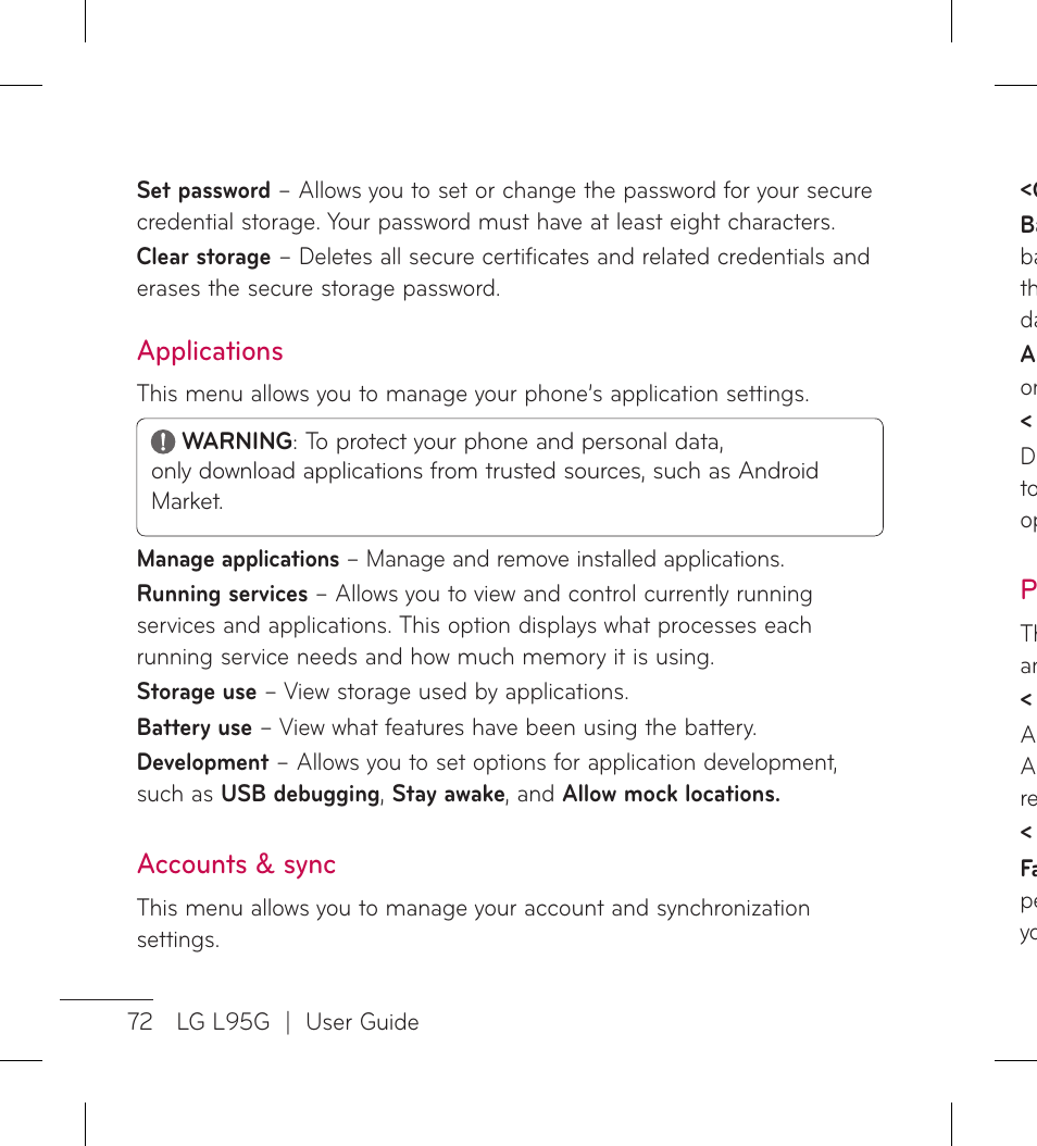 Applications, Accounts & sync | LG LGL95G User Manual | Page 74 / 202