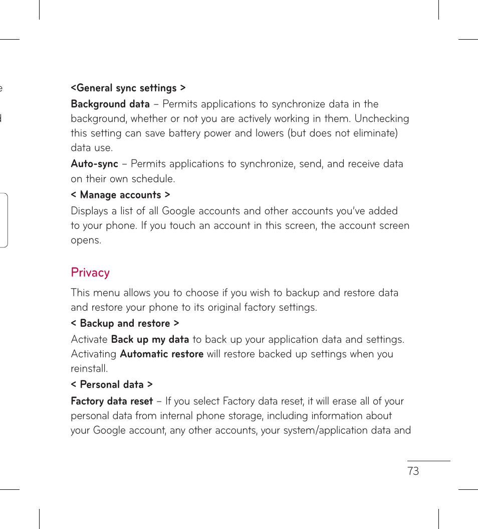 Privacy | LG LGL95G User Manual | Page 75 / 202