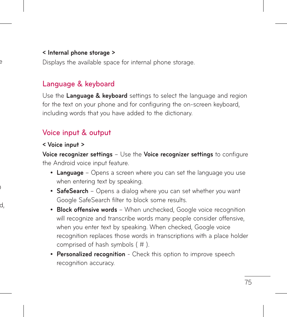 Language & keyboard, Voice input & output | LG LGL95G User Manual | Page 77 / 202