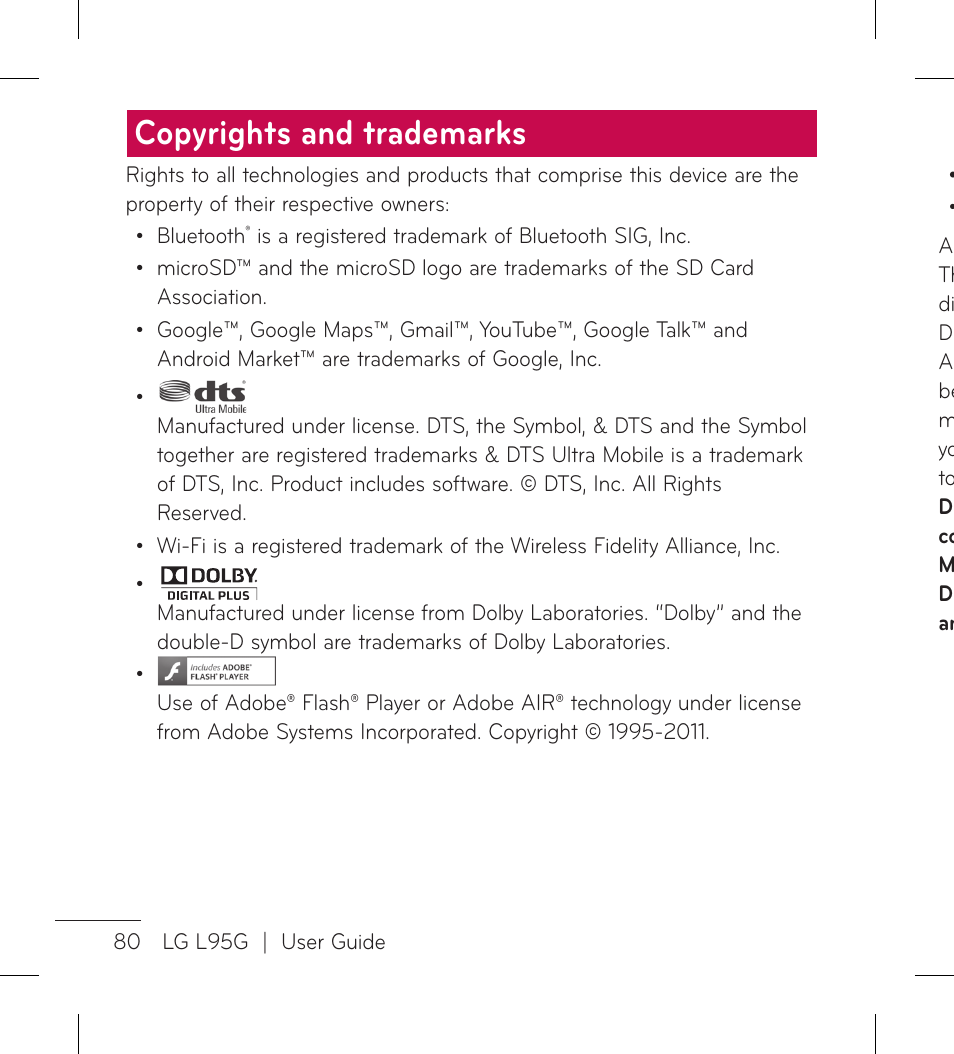 Copyrights and trademarks | LG LGL95G User Manual | Page 82 / 202