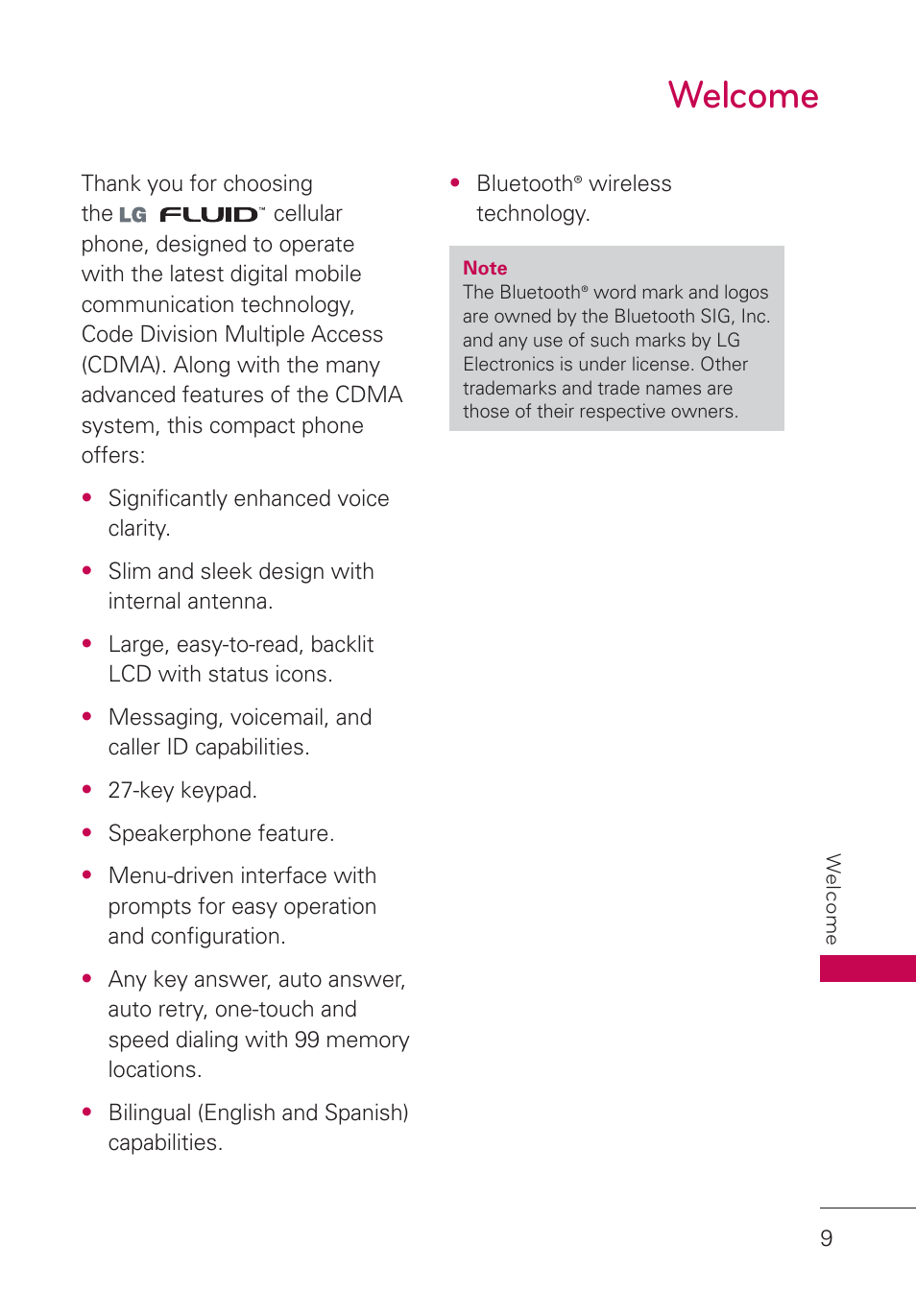 Welcome, Welcome 9 | LG AN160 User Manual | Page 11 / 98