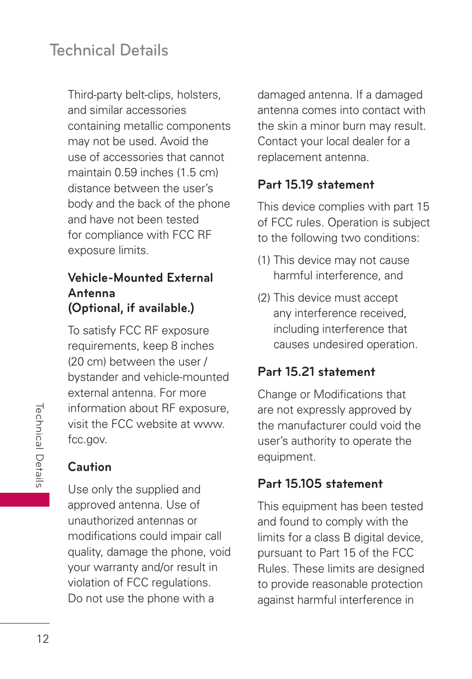 Caution, Part 15.19 statement, Part 15.21 statement | Part 15.105 statement, Vehicle-mounted external antenna, Optional, if available.), Technical details | LG AN160 User Manual | Page 14 / 98