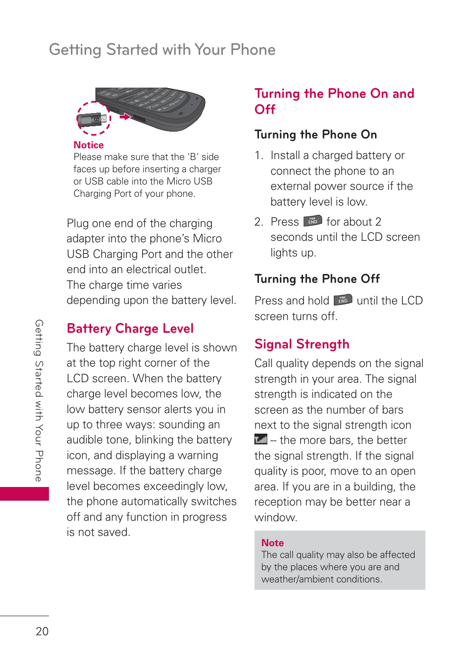 Battery charge level, Turning the phone on and off, Turning the phone on | Turning the phone off, Signal strength, Getting started with your phone | LG AN160 User Manual | Page 22 / 98