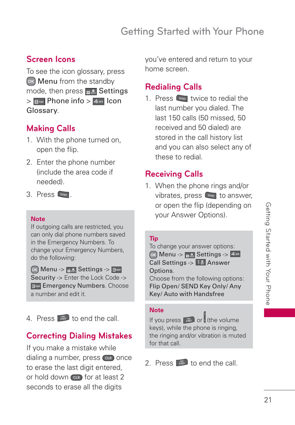 Screen icons, Making calls, Correcting dialing mistakes | Redialing calls, Receiving calls, Getting started with your phone | LG AN160 User Manual | Page 23 / 98