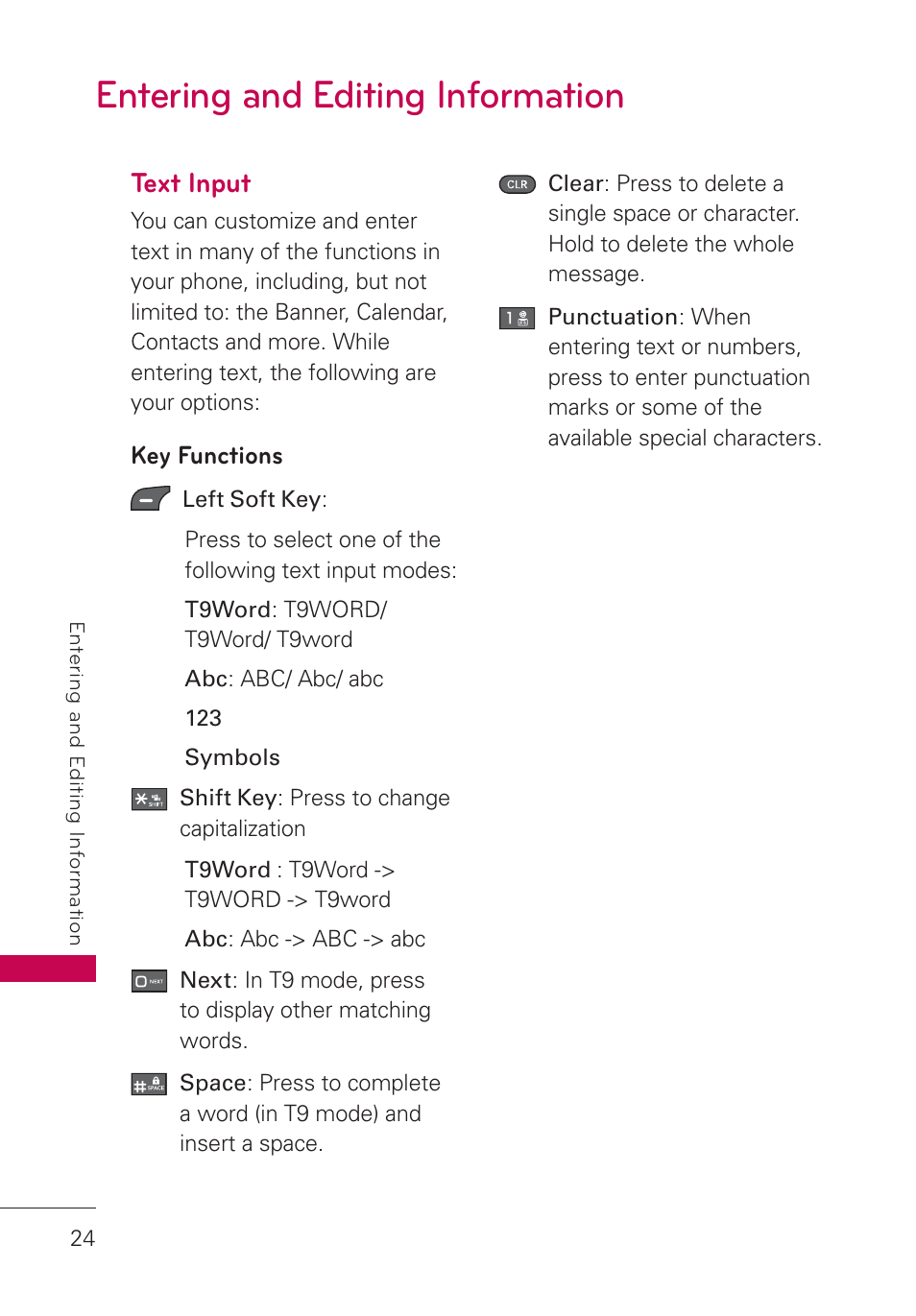Entering and editing information, Text input, Key functions | LG AN160 User Manual | Page 26 / 98