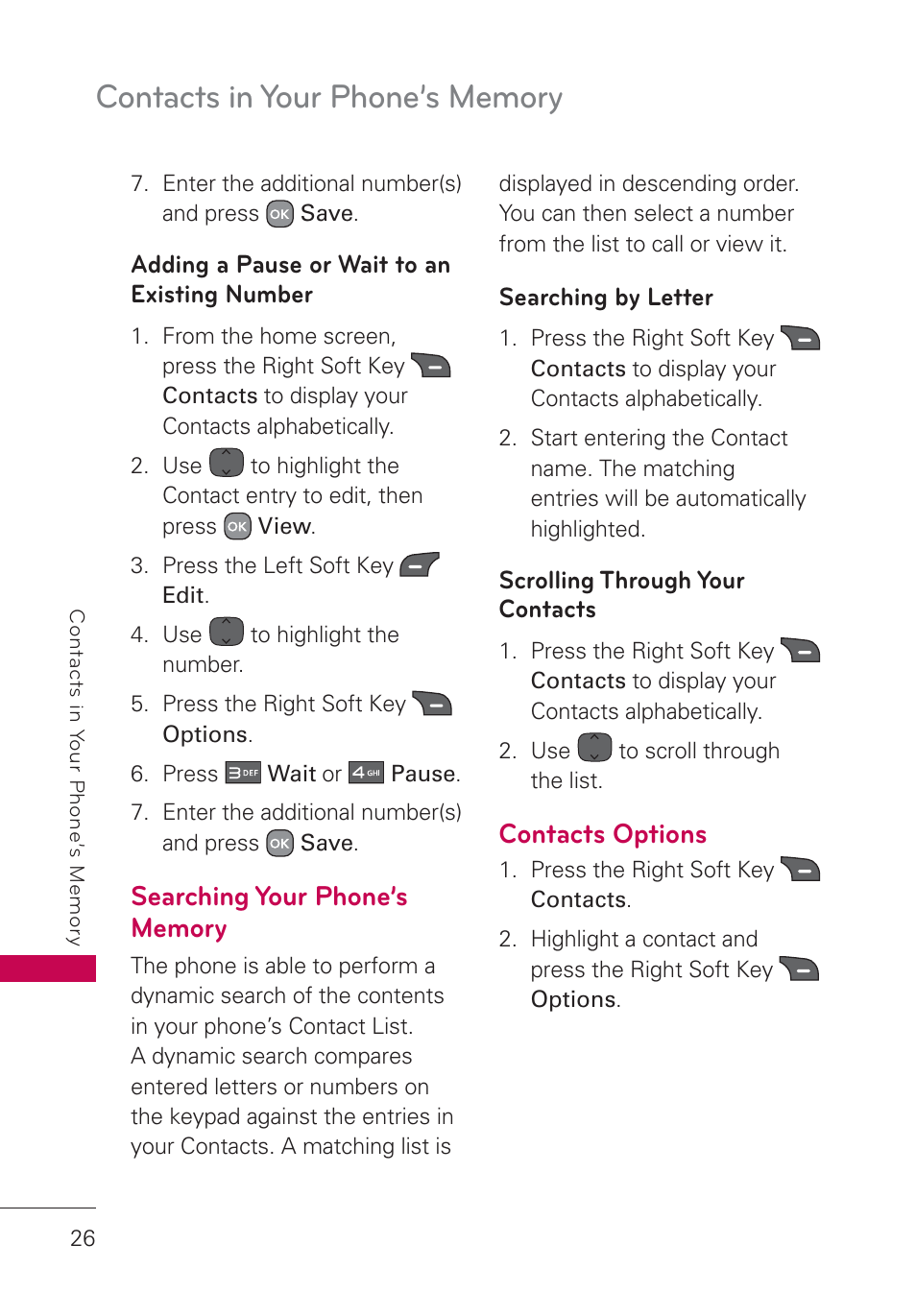 Adding a pause or wait to an existing number, Searching your phone’s memory, Searching by letter | Scrolling through your contacts, Contacts options, Adding a pause or wait to an existing, Number | LG AN160 User Manual | Page 28 / 98