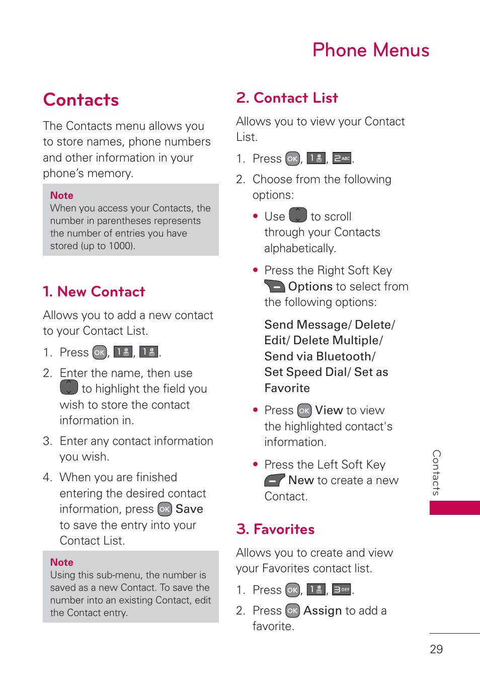 Phone menus, Contacts, New contact | Contact list, Favorites, Contacts 29 | LG AN160 User Manual | Page 31 / 98